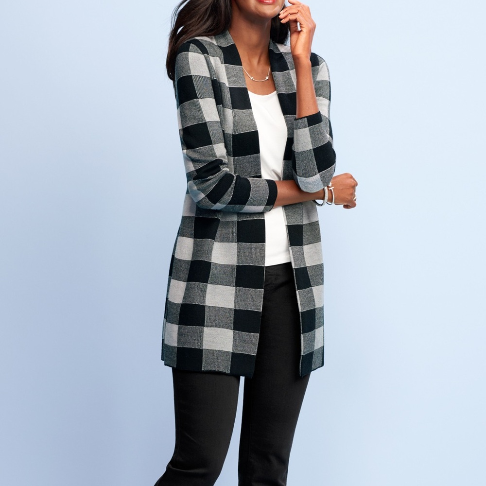 Talbots Black and Gray Checkered Cardigan